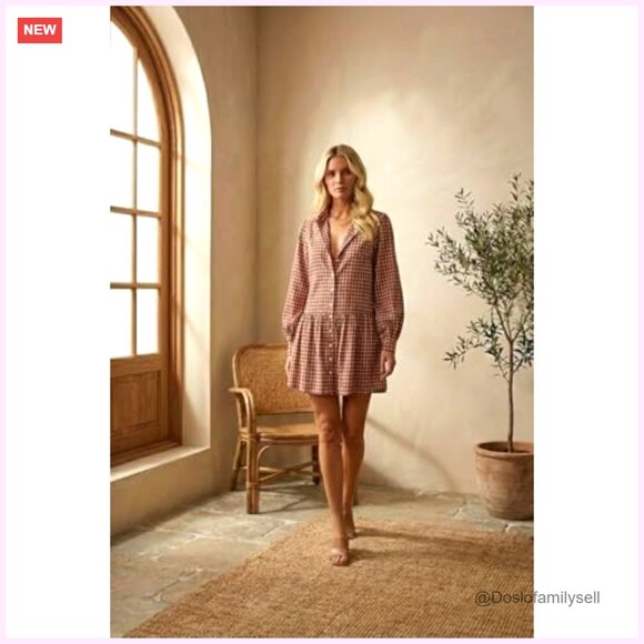 Long Sleeve Gingham Mini Dress with Ruffles and Bishop Sleeves - Picture 3 of 7